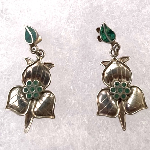 Jewelry - Vintage 950 Sterling Silver Dangle/Drop Flower Earrings w/ Turquoise